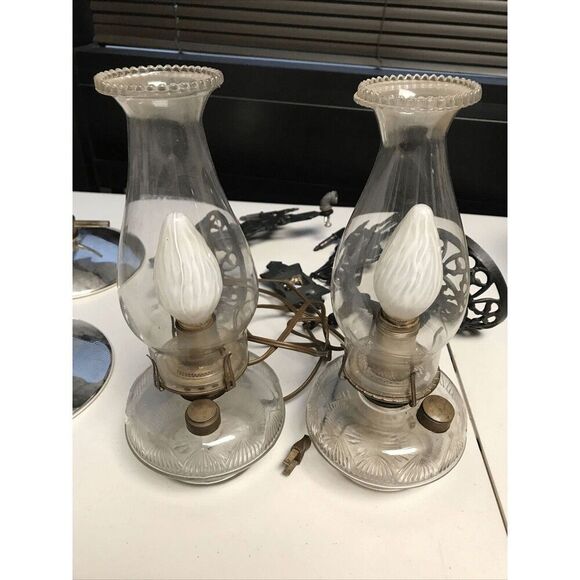 Antique Cast Iron Double Wall Mount Oil Lamp Bracket with two Oil Lamps And Plug - Picture 1 of 14